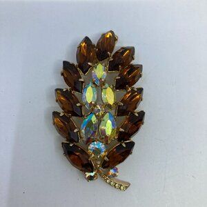 Vtg Continental ? amber aurora borealis crystal rhinestone leaf feather brooch